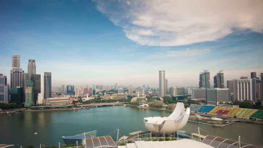 sunny day marina bay famous hotel roof top panorama 4k time lapse singapore