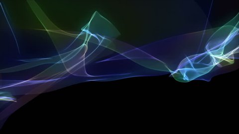 Smoke, gas, incense or plasma. Looping abstract animation. Rainbow colors on black. Soft evolving curves, slow motion flow from left to right. Background or screen saver.
