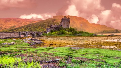 Eilean Donan Castle at sunset, Dornie, Kyle of Lochalsh in Scotland, United Kingdom
