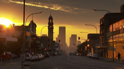 Locked off shot of Commissioner Street in Johannesburg during sunset