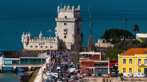 4k timelapse: Belem Tower or Tower of St Vincent in of Santa Maria in municipality of Lisbon, Portugal. Tower was commissioned by King John II to be part of defense system at mouth of Tagus river.