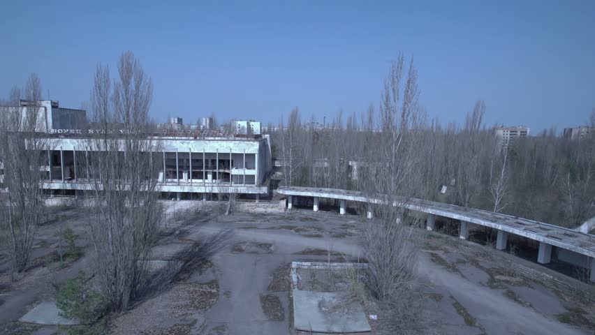 Main squre and abandoned cultural center in Pripyat shot from air
