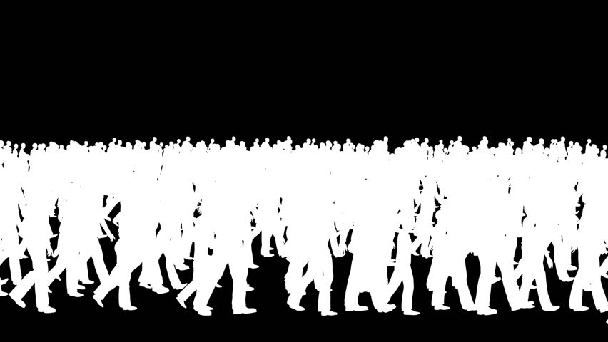 Crowd silhouettes walking, camera fly over