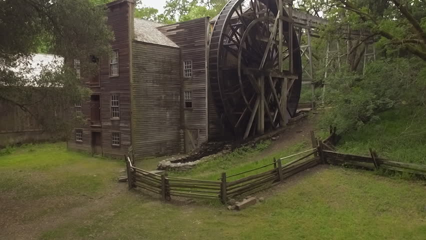 Aerial of Bale Grist Mill with large water wheel