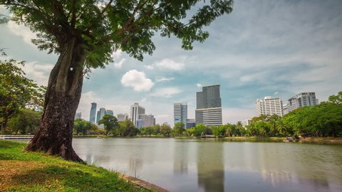sunny day bangkok lumpini park pond panorama 4k time lapse thailand