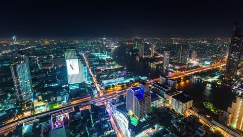 BANGKOK, THAILAND - JANUARY 2016: night famous hotel city bay traffic panorama 4k time lapse circa january 2016 bangkok, thailand.