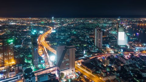 BANGKOK, THAILAND - JANUARY 2016: city night illumination traffic roof top panorama 4k time lapse circa january 2016 bangkok, thailand.