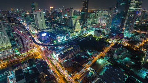 BANGKOK, THAILAND - JANUARY 2016: downtown night illumination roof top traffic street 4k time lapse circa january 2016 bangkok, thailand.