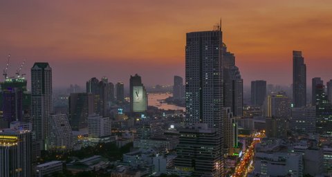 BANGKOK, THAILAND - JANUARY 2016: sunset downtown river roof top panorama 4k time lapse circa january 2016 bangkok, thailand.