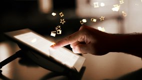 Man using a digital tablet with holographic app icons flying from it. Futuristic technology. Blue. Locked. Office background. More color options in my portfolio. - Powered by Shutterstock - Get 15% off with code: PIKWIZARD15