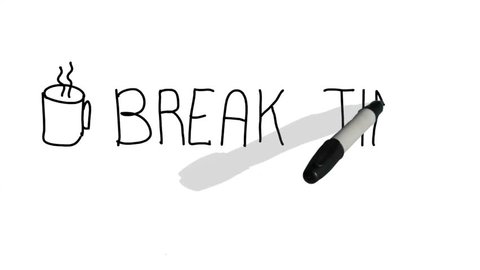 A moving black pen with a shadow writes on a plain white surface 'Break Time' 