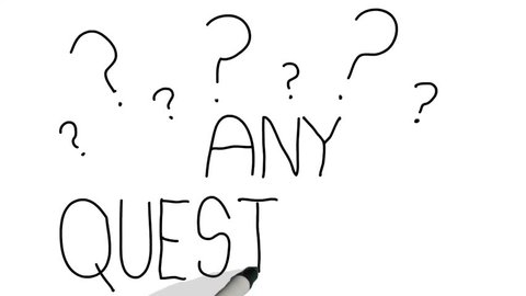 A moving black pen with a shadow writes on a plain white surface 'Any Questions?' 