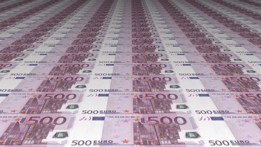 Diminishing parallel rows of 500 euro currency banknotes abstract financial