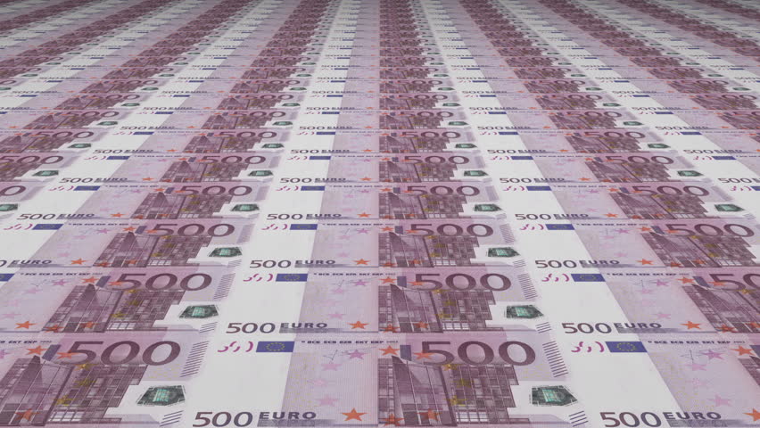 Diminishing parallel rows of 500 euro currency banknotes abstract financial
