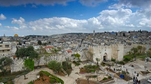 View to Damascus Gate and old Jerusalem City. Time lapse