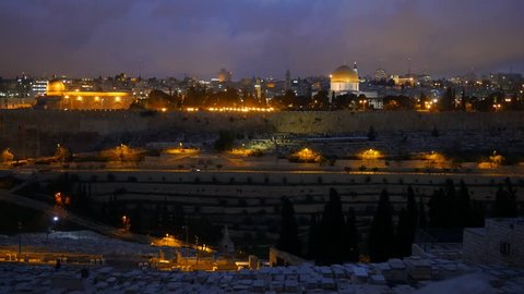 Night view to Jerusalem old city, Israel. Panning shot