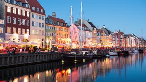 Time Lapse of Scenic Nyhavn District Day to Night  - Copenhagen Denmark  - Circa November 2015 