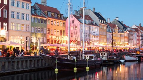 Time Lapse Zoom of Scenic Nyhavn District Day to Night  - Copenhagen Denmark  - Circa November 2015