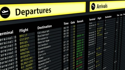 Flight information on airport arrivals departures board, timetable and schedules