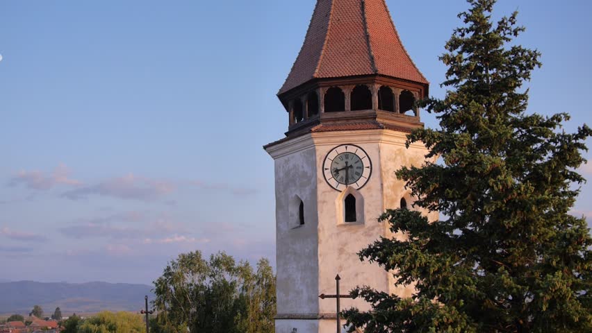 Aerial view, beautiful fortified church

