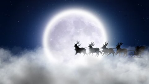 Santa With Reindeer Fly Over Moon 