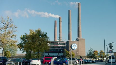 WOLFSBURG, LOWER SAXONY/GERMANY - OCT 12, 2016. Medium shot of an old section of the VW plant with VW logo. The site where the plan to enable VW vehicles to cheat during emissions tests was conceived.