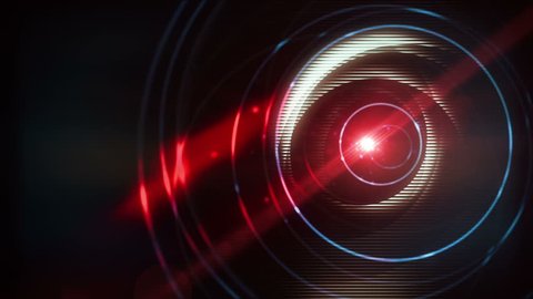 Abstract blue lighting flow rings with glow and lens flare on dark red background animation