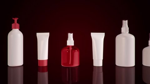 Animation of slow motion cosmetics set, hand cream and toilet water. Animation of seamless loop.