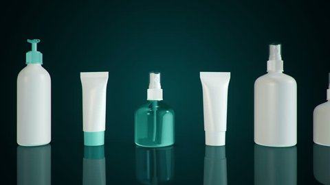 Animation of slow motion cosmetics set, hand cream and toilet water. Animation of seamless loop.