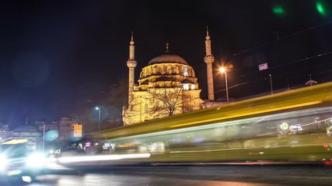 Istanbul, Turkey - March 22, 2016: Laleli Mosque at night.  Timelapse. Zoom out
