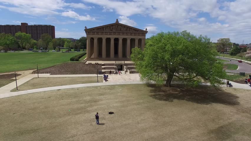 Aerial view of the Parthenon in Nashville Tennessee on a very windy day