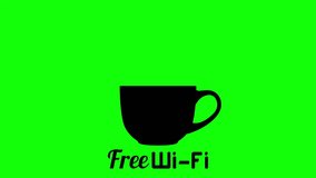 Internet cafe free wifi coffee cup sign. Wireless Network icon. Black flat button with wi-fi symbol. Modern UI element on chroma key green screen. Available in 4K and HD video 2D flat render footage.
