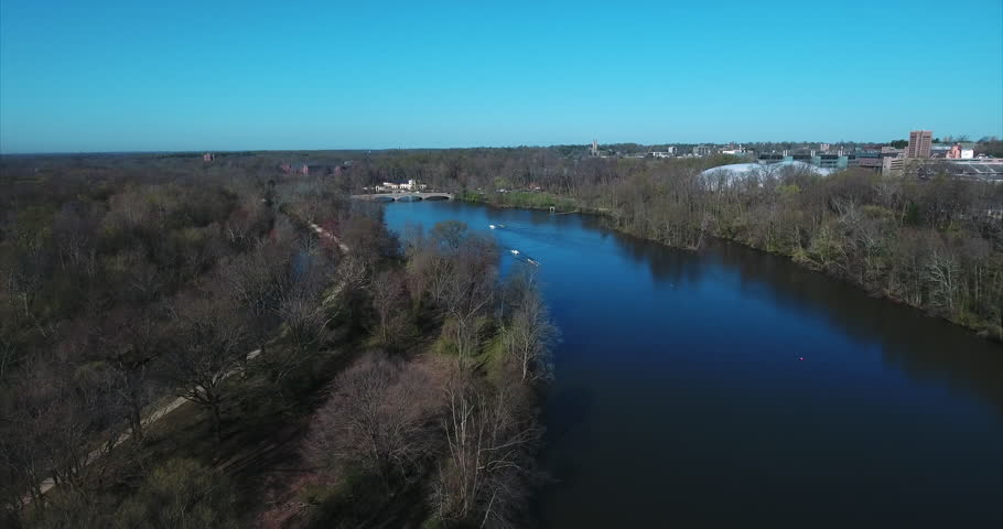 Aerial of Olympic Princeton Rowing Team. Lake Carnegie is a reservoir that is formed from a dam on the Millstone River , Mercer County, New Jersey. (2016)



