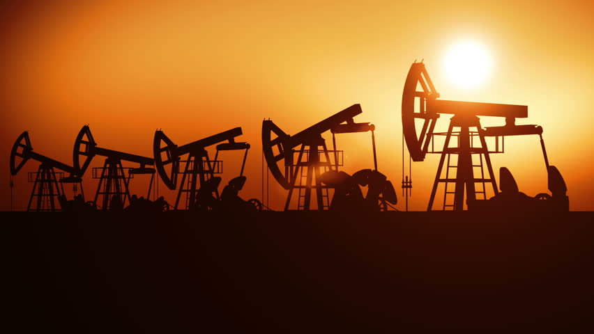Oil Pumps in a Row at Sunset. Looped 3d animation. Technology and Industrial Concept. HD 1080.