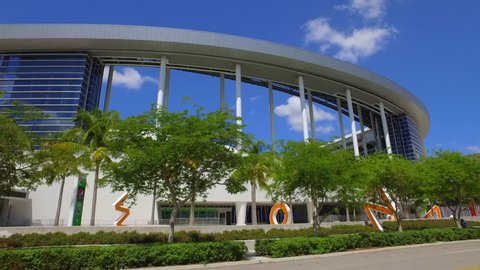 MIAMI - APRIL 12: Motion footage of Marlins Park stadium located at 501 Marlins Way completed in 2012 and home to the Florida Marlins Baseball team April 12, 2016 in Miami FL, USA LoanDepot Park