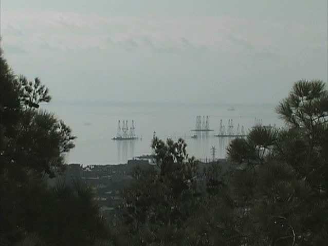May 2010 - Azerbaijan - Oil derricks on the Caspian Sea