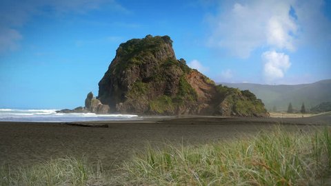 Piha Beach and Lion Rock, West Auckland, New Zealand. Popular Piha Beach is the birthplace of surfing in New Zealand. Lion Rock is an eroded volcanic neck named for its similarity to a male lion.