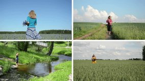 Girl with flower bouquet in cornflower field. Woman wade though spring stream. Country woman play with guitar. Montage of video footage clips collage. Split screen. White angular frame. 4K UHD 2160p