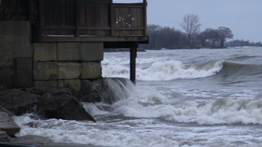 High winds and raging waves crashing at Lake Ontario during a storm, Canada