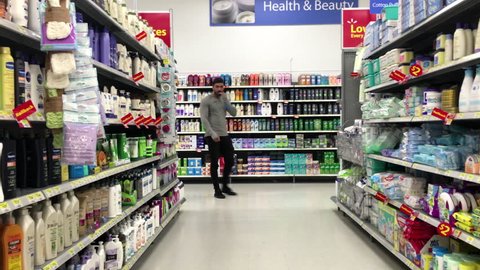 Coquitlam, BC, Canada - April 08, 2016 : Health and beauty products corridor in Walmart store with 4k resolution