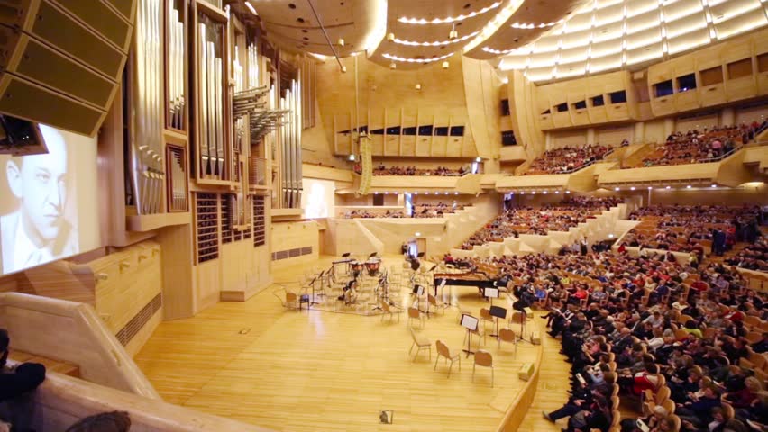 MOSCOW - APR 20, 2015: Auditorium before concert devoted to 100th anniversary of David Ashkenazy in House of Music, Svetlanov hall