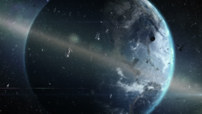 Ring of debris around Earth. Artistic visualization of orbiting space garbage problem. Two fragments of satellite collide and create new debris.
 Royalty-Free Stock Footage #16029889