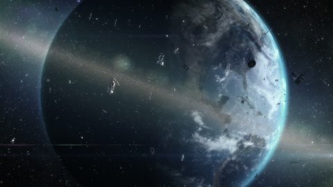 Ring of debris around Earth. Artistic visualization of orbiting space garbage problem. Two fragments of satellite collide and create new debris.

