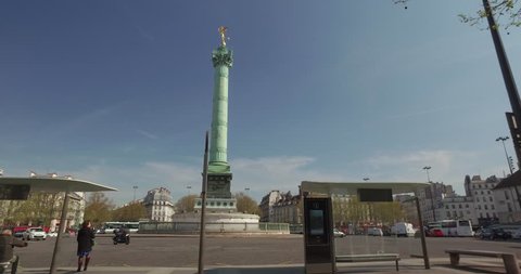 France - Paris - April 2016. Place de la Bastille. Symbol and memorial staute of the french revolution. Dolly shot