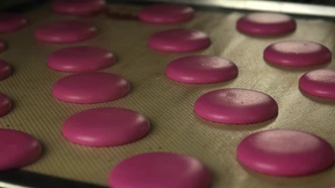 Baking pink Macarons in a professional oven, time lapse