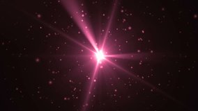 Abstract Pink Background With Rays Sparkles. Animation pink background with lens flare rays in dark background sky and stars. Seamless loop.