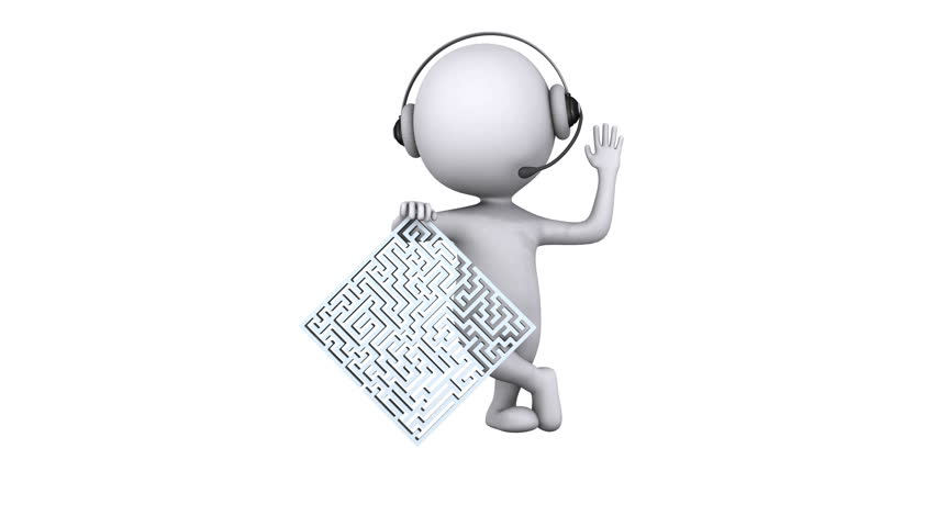 Animation of 3d white people support manager stand near maze and waving hand. Hello. Available in 4K FullHD and HD video 3D render footage. Alpha matte channel included.
