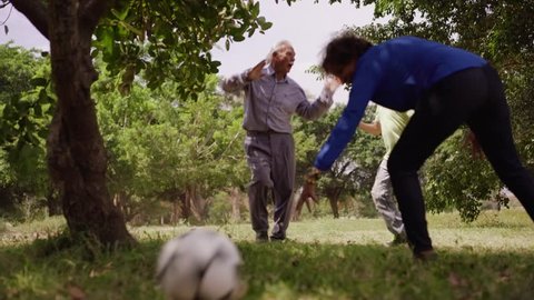 Old and young people, seniors and children, child and elderly persons. Sports fun, child playing football game with grandparents, soccer in park, happy old man kicking ball, recreation and leisure
