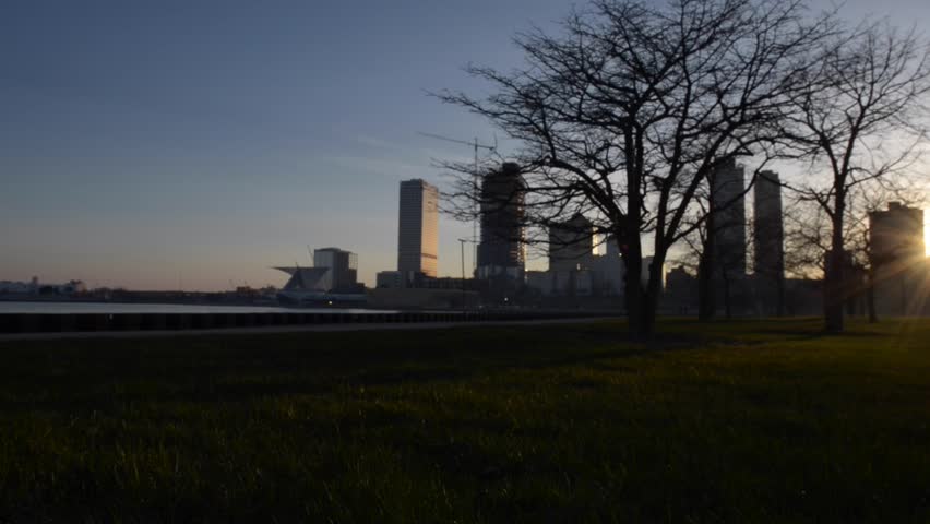 Milwaukee Wisconsin at Sunset slow dolly wide angle shot