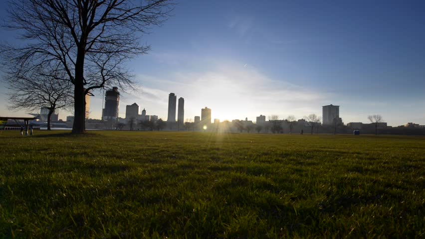 Milwaukee Wisconsin at Sunset slow dolly wide angle shot